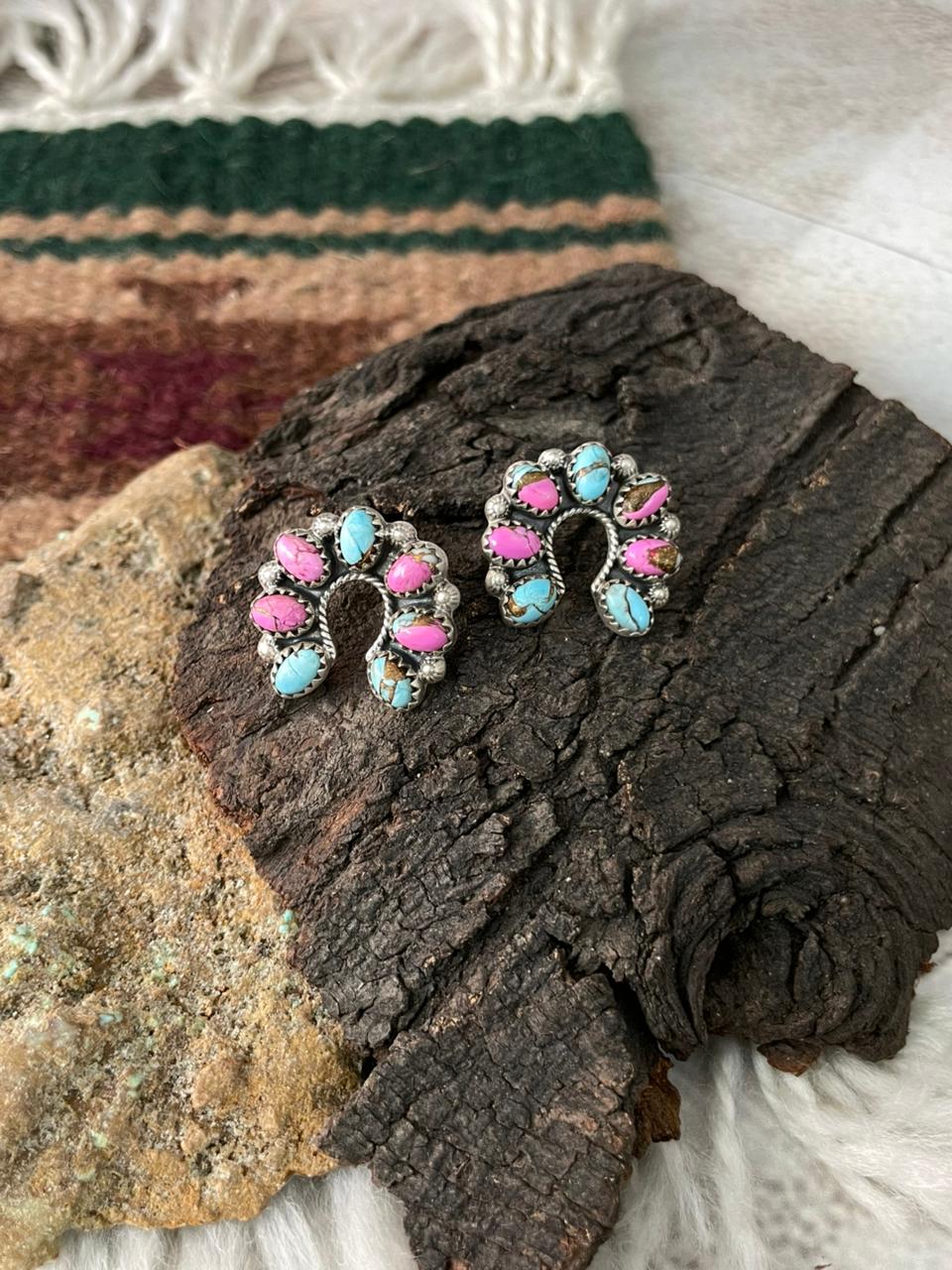 Handmade Sterling Silver Cotton Candy Post Studs Naja Earrings "Signed Nizhoni"