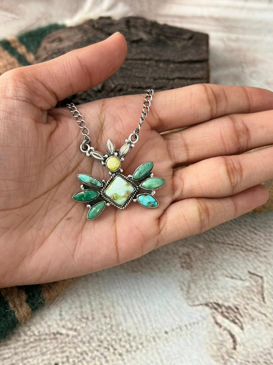 Handmade Sterling Silver Palomino with Emerald Valley Turquoise Necklace "Signed Nizhoni"