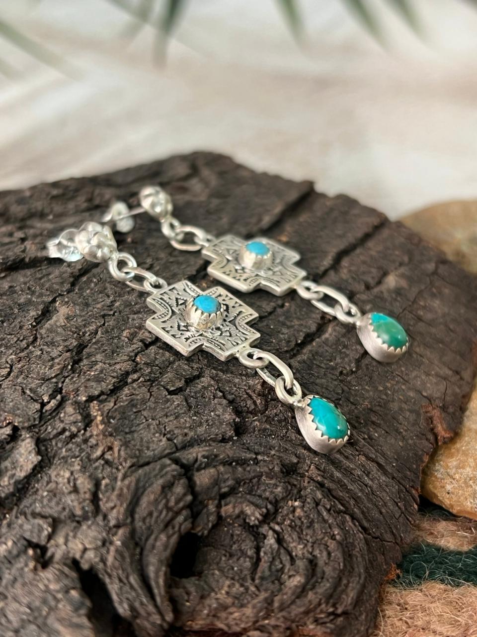 Handmade Sterling Silver Cross Kingman Turquoise Post Dangle Earrings "Signed Nizhoni"