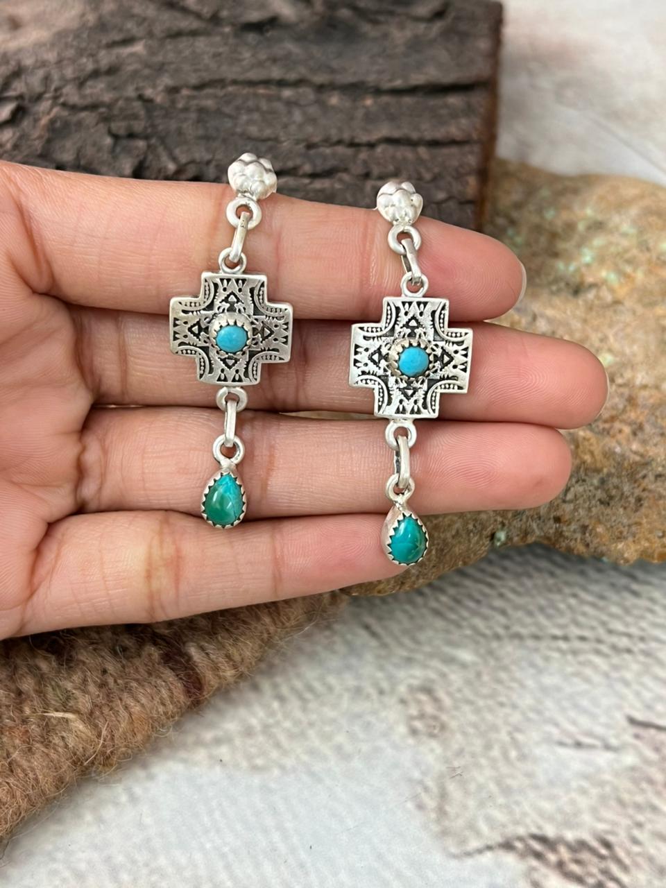 Handmade Sterling Silver Cross Kingman Turquoise Post Dangle Earrings "Signed Nizhoni"
