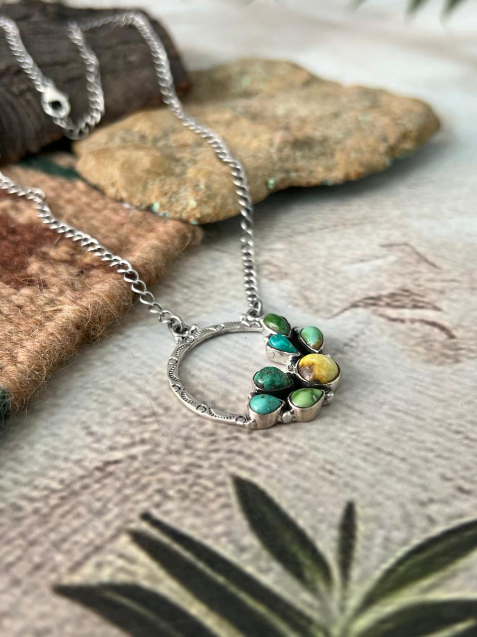 Handmade Sterling Silver Palomino with Emerald Valley Turquoise Necklace "Signed Nizhoni"