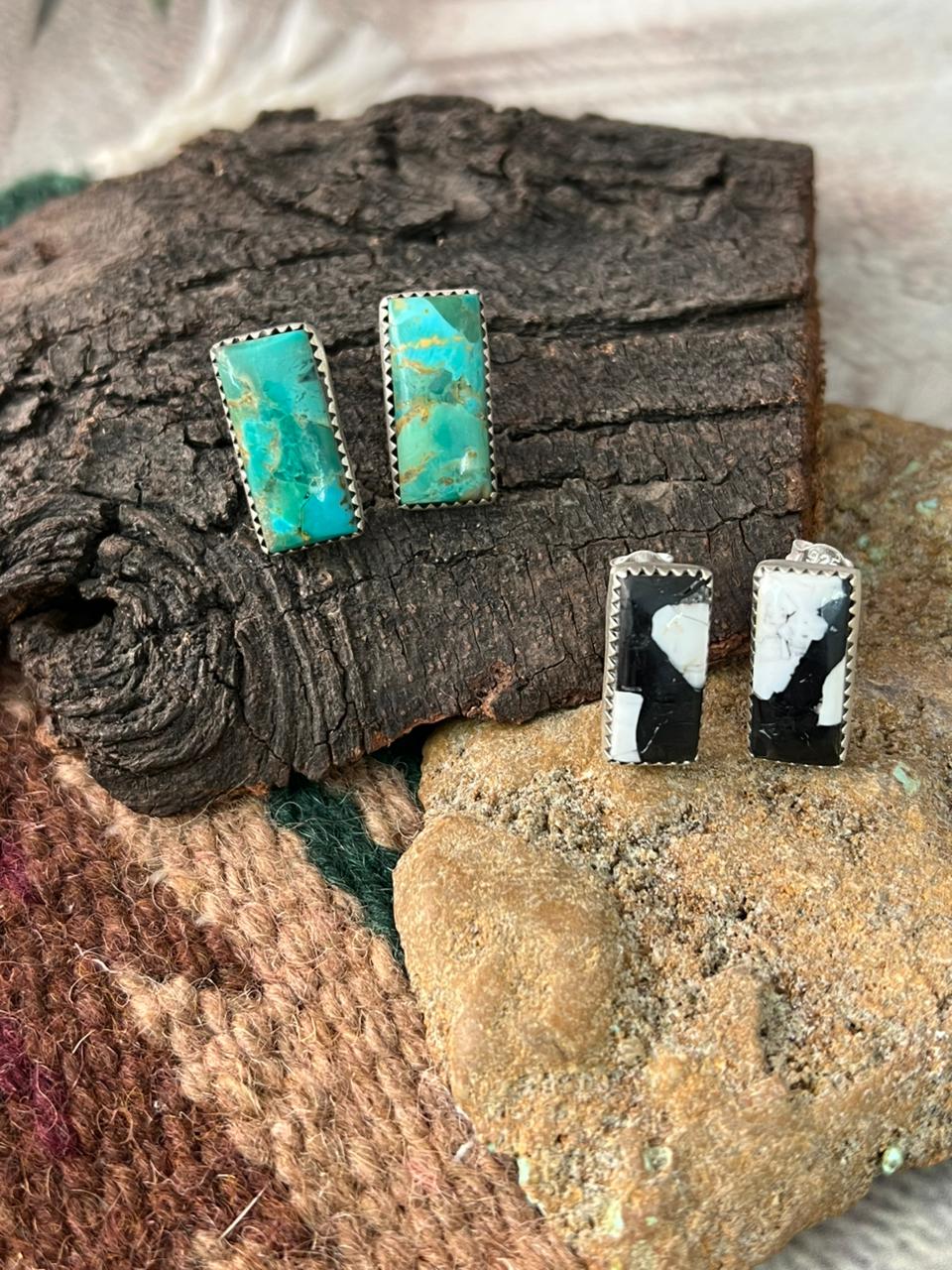 Handmade Sterling Silver Kingaman Turquoise and White Buffalo Post Studs Earrings "Signed Nizhoni"