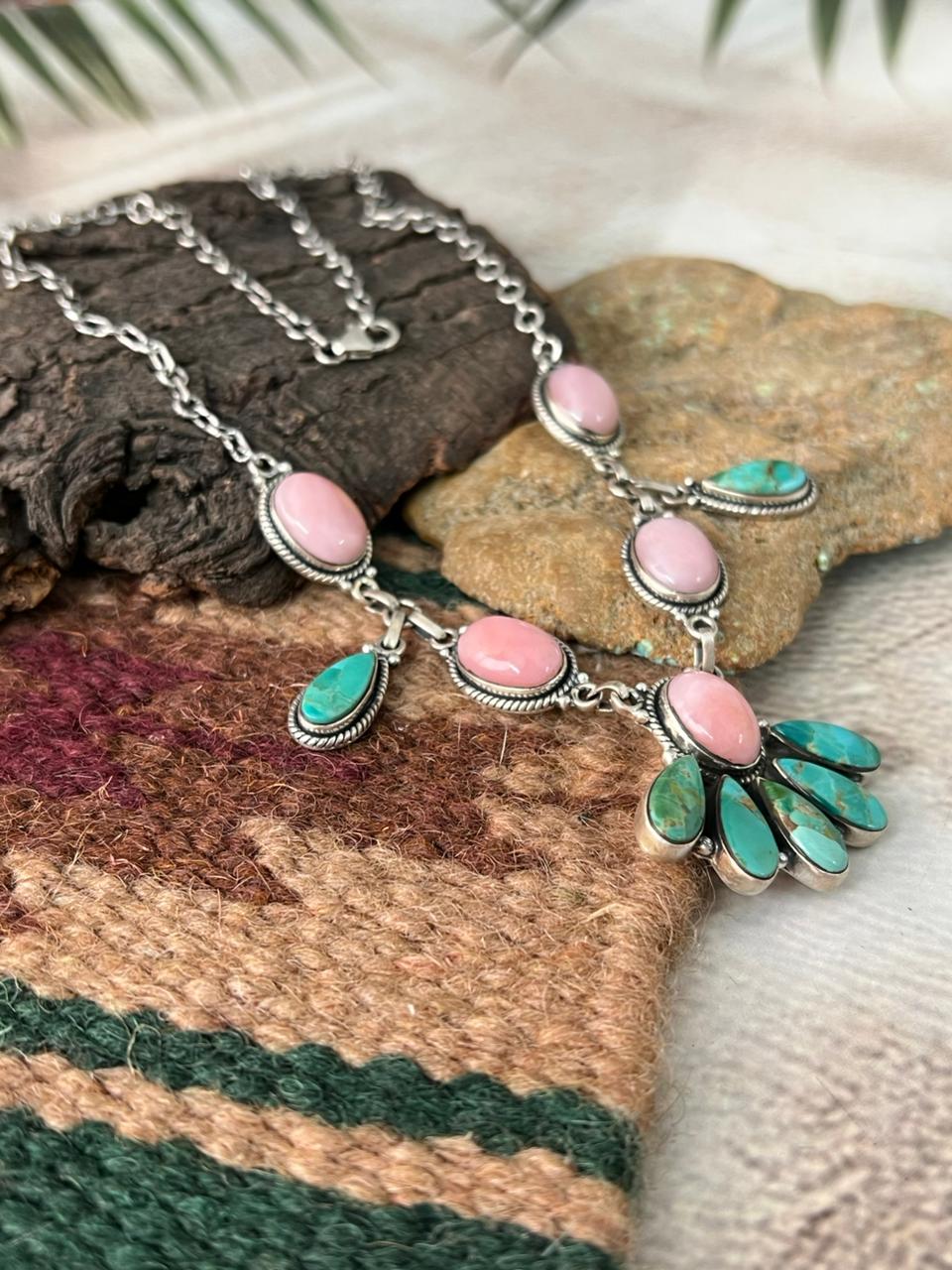 Handmade Sterling Silver Kingman with Pink Opal Necklace "Signed Nizhoni"