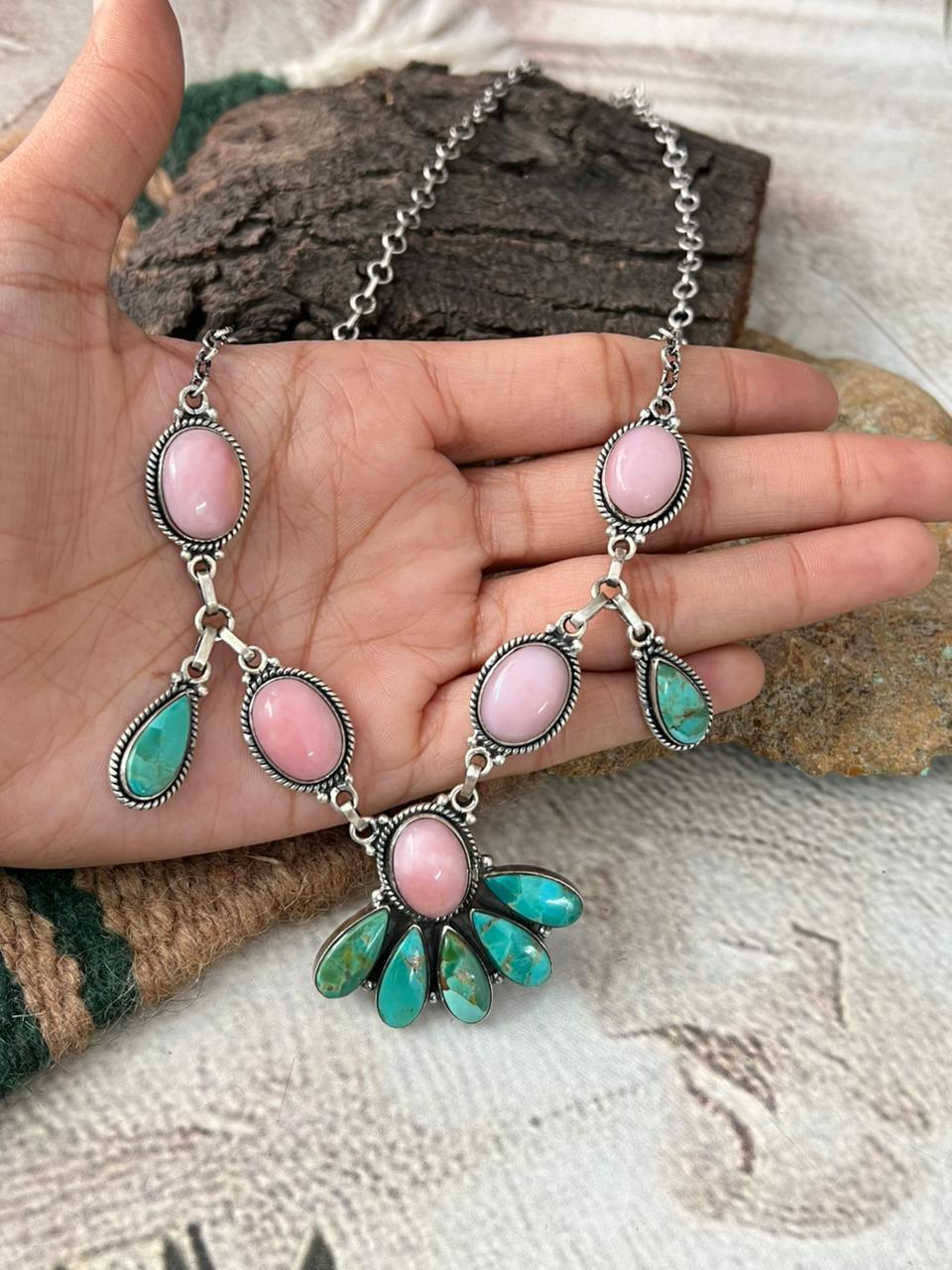 Handmade Sterling Silver Kingman with Pink Opal Necklace "Signed Nizhoni"