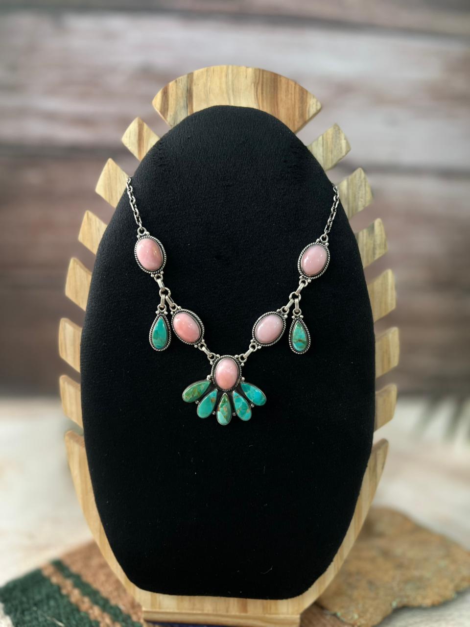 Handmade Sterling Silver Kingman with Pink Opal Necklace "Signed Nizhoni"