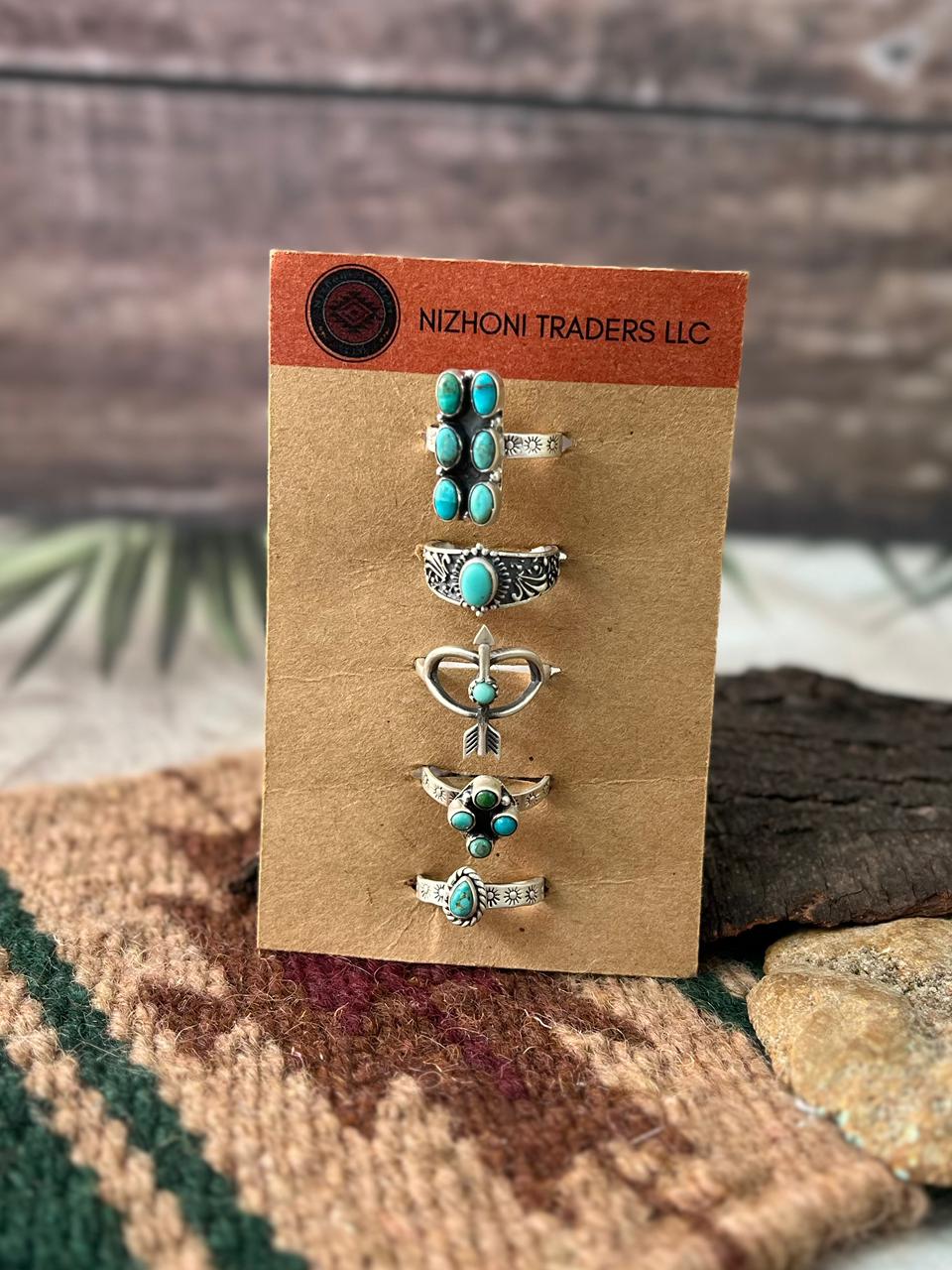Handmade Sterling Silver Kingman Turquoise Adjustable Ring Card