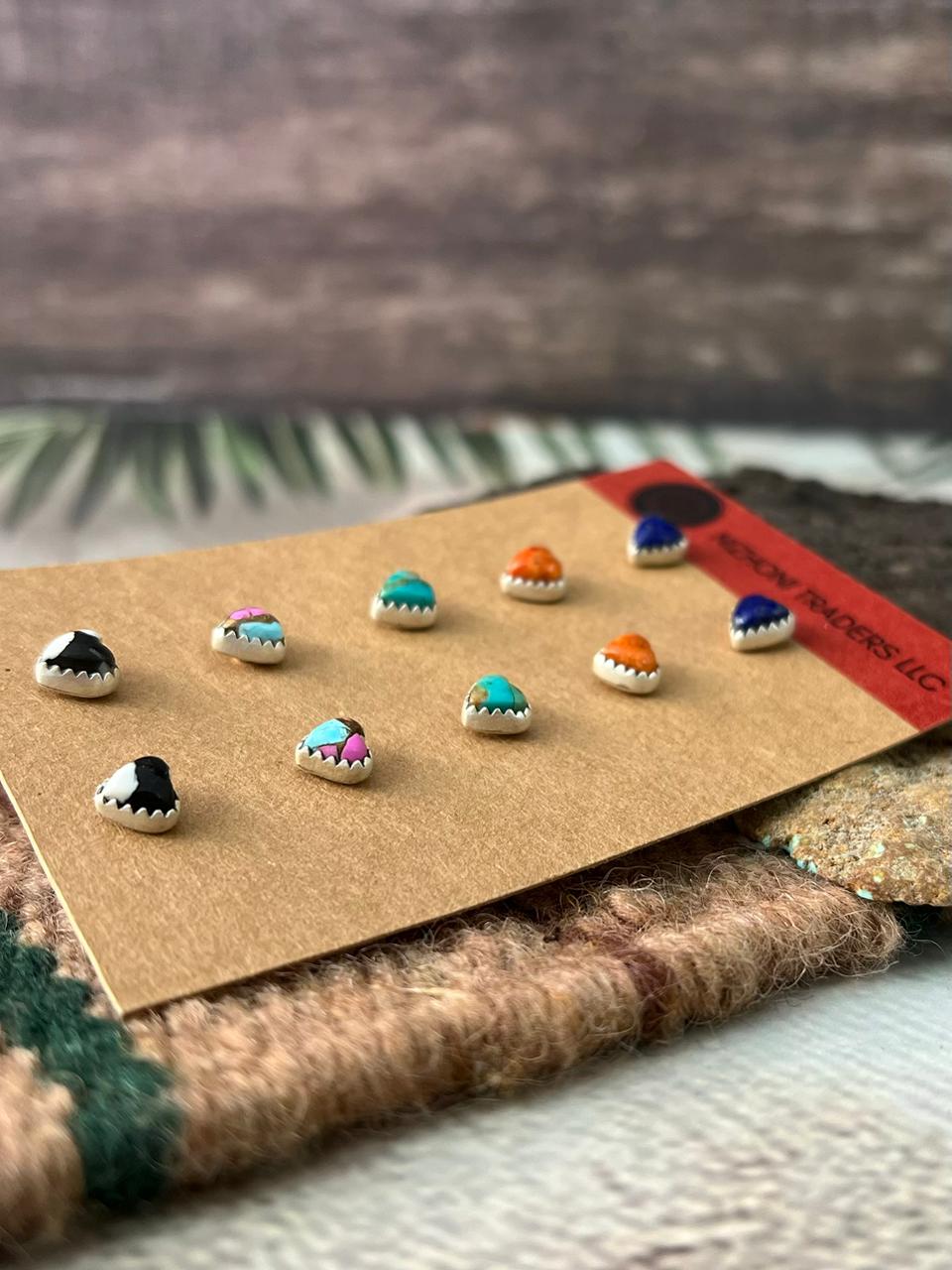 Handmade Sterling Silver Lapis, Orange Mojave, Kingman, Cotton Candy and White Buffalo Turquoise Post Studs Heart Earrings Card Set