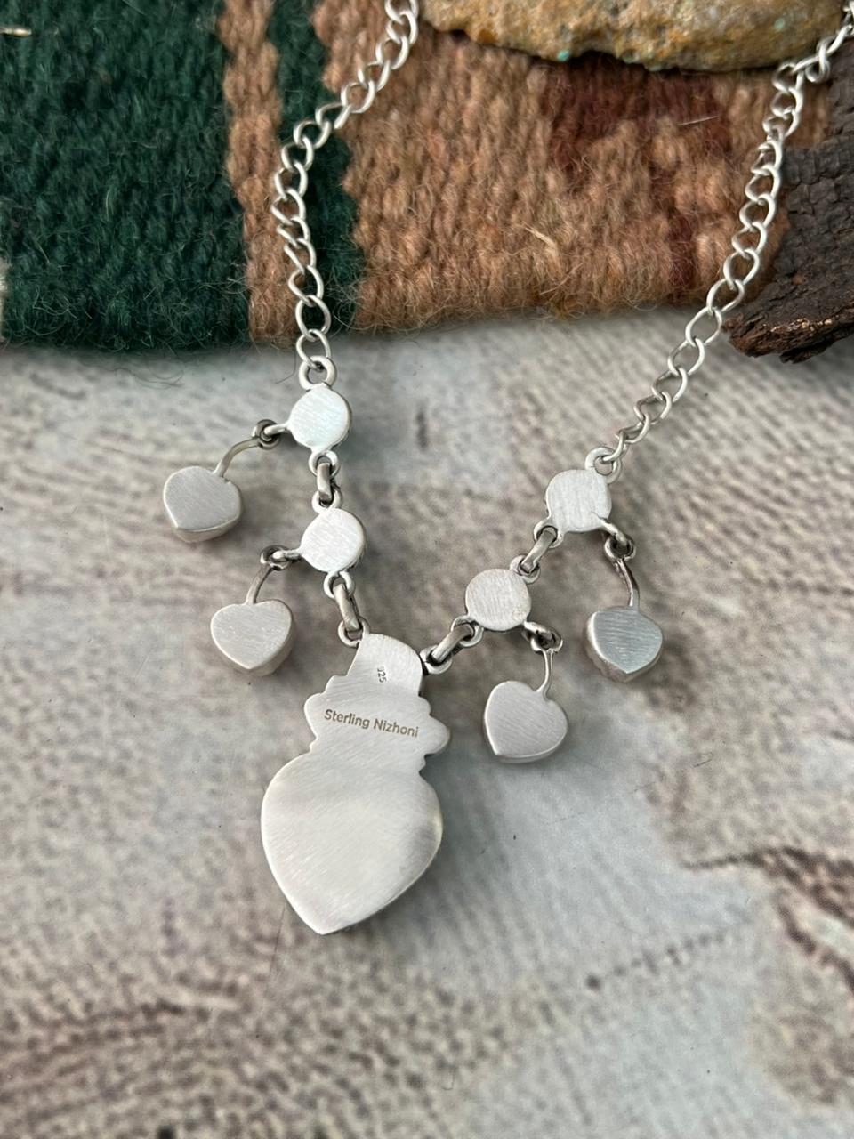 Handmade Sterling Silver Rosarita with Sonoran and Kingman Turquoise Necklace "Signed Nizhoni"