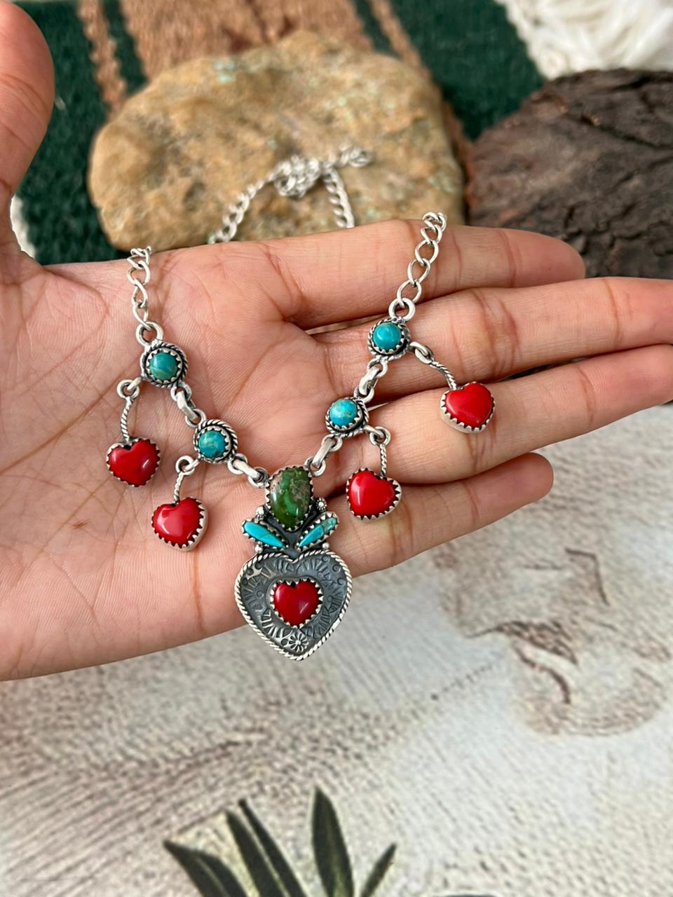 Handmade Sterling Silver Rosarita with Sonoran and Kingman Turquoise Necklace "Signed Nizhoni"