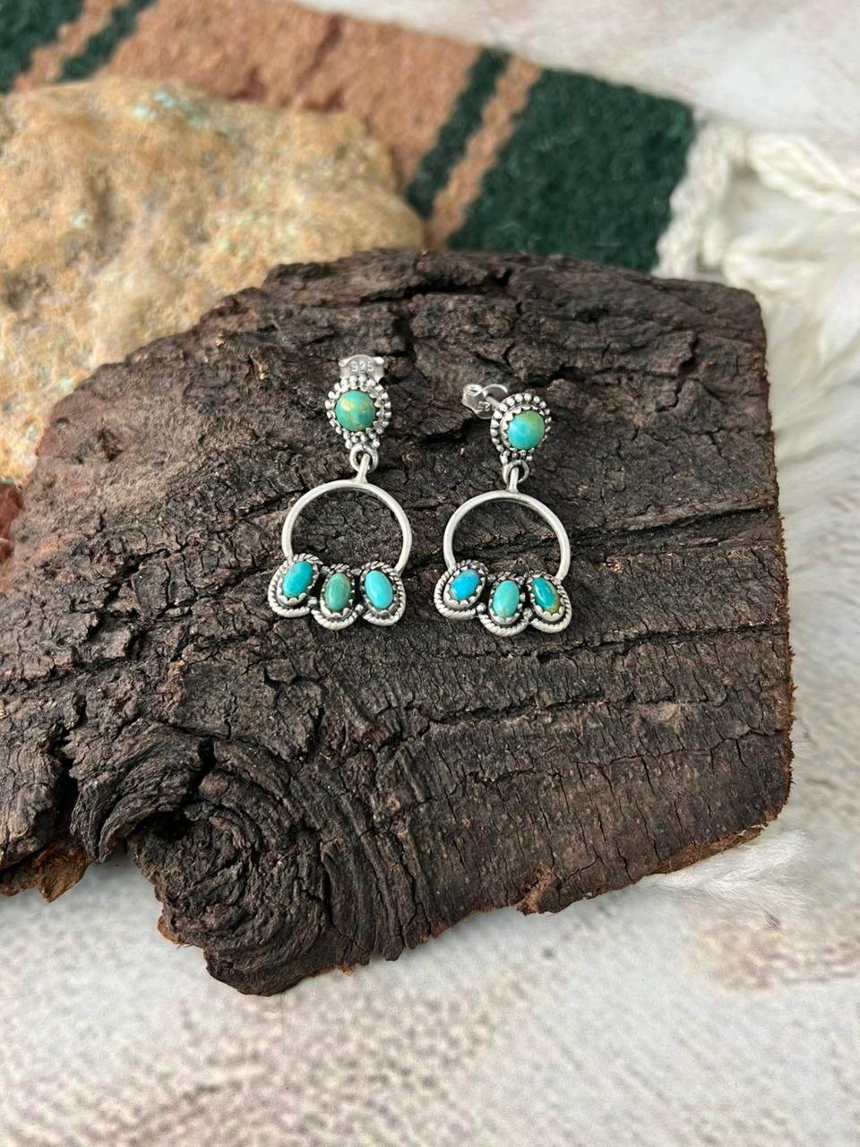 Handmade Sterling Silver Kingman Turquoise Post Dangle Hoop Earrings "Signed Nizhoni"