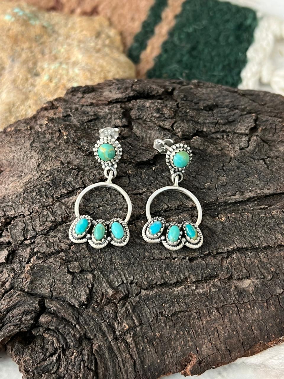 Handmade Sterling Silver Kingman Turquoise Post Dangle Hoop Earrings "Signed Nizhoni"