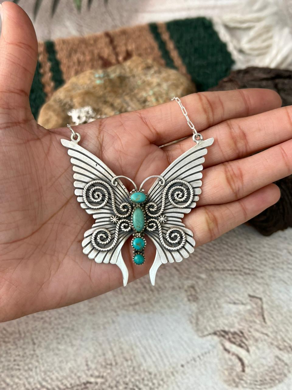 Handmade Sterling Silver Kingman Turquoise Butterfly Necklace "Signed Nizhoni"