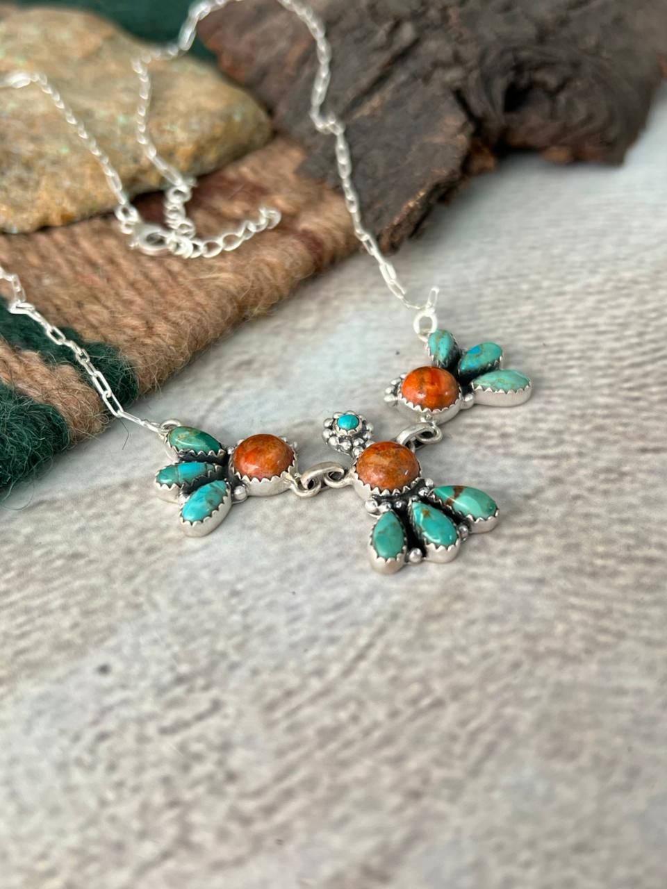 Handmade Sterling Silver Kingman Turquoise with Orange Mojave Necklace "Signed Nizhoni"