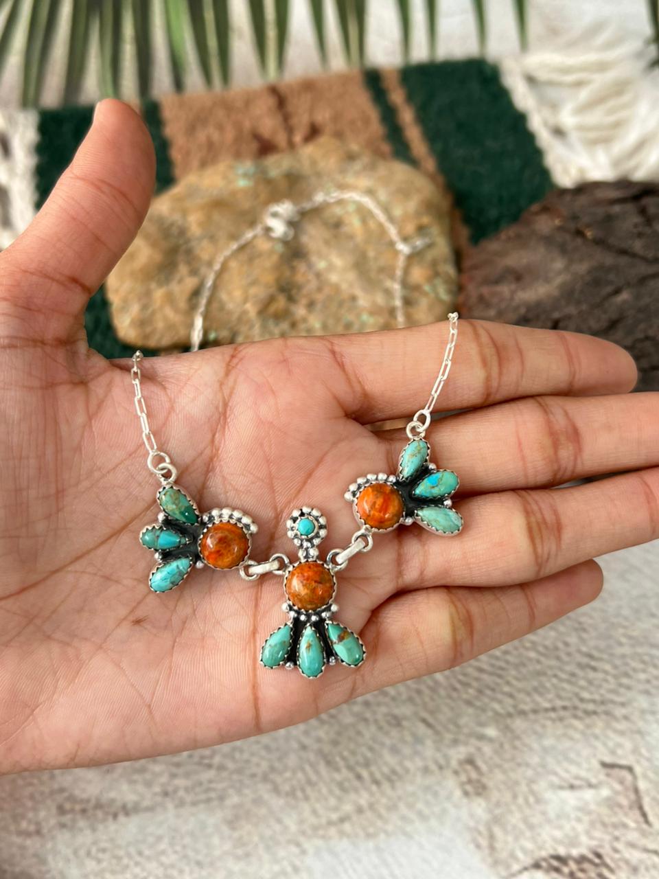 Handmade Sterling Silver Kingman Turquoise with Orange Mojave Necklace "Signed Nizhoni"