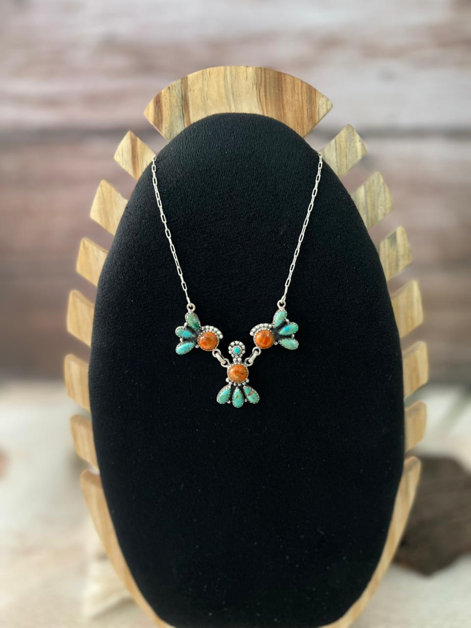 Handmade Sterling Silver Kingman Turquoise with Orange Mojave Necklace "Signed Nizhoni"
