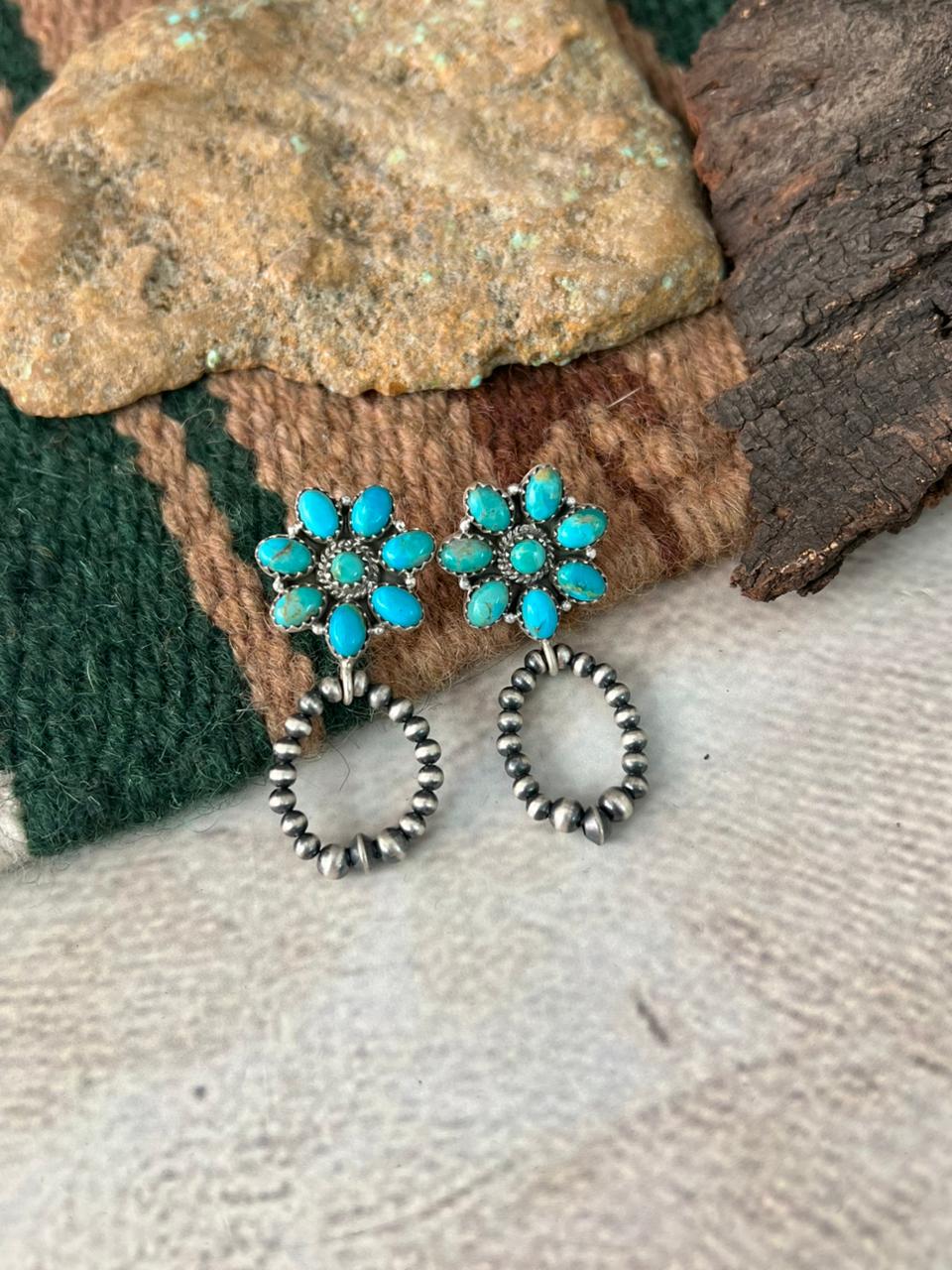 Handmade Sterling Silver Kingman Turquoise Post Dangle Beaded Hoop Earrings "Signed Nizhoni"