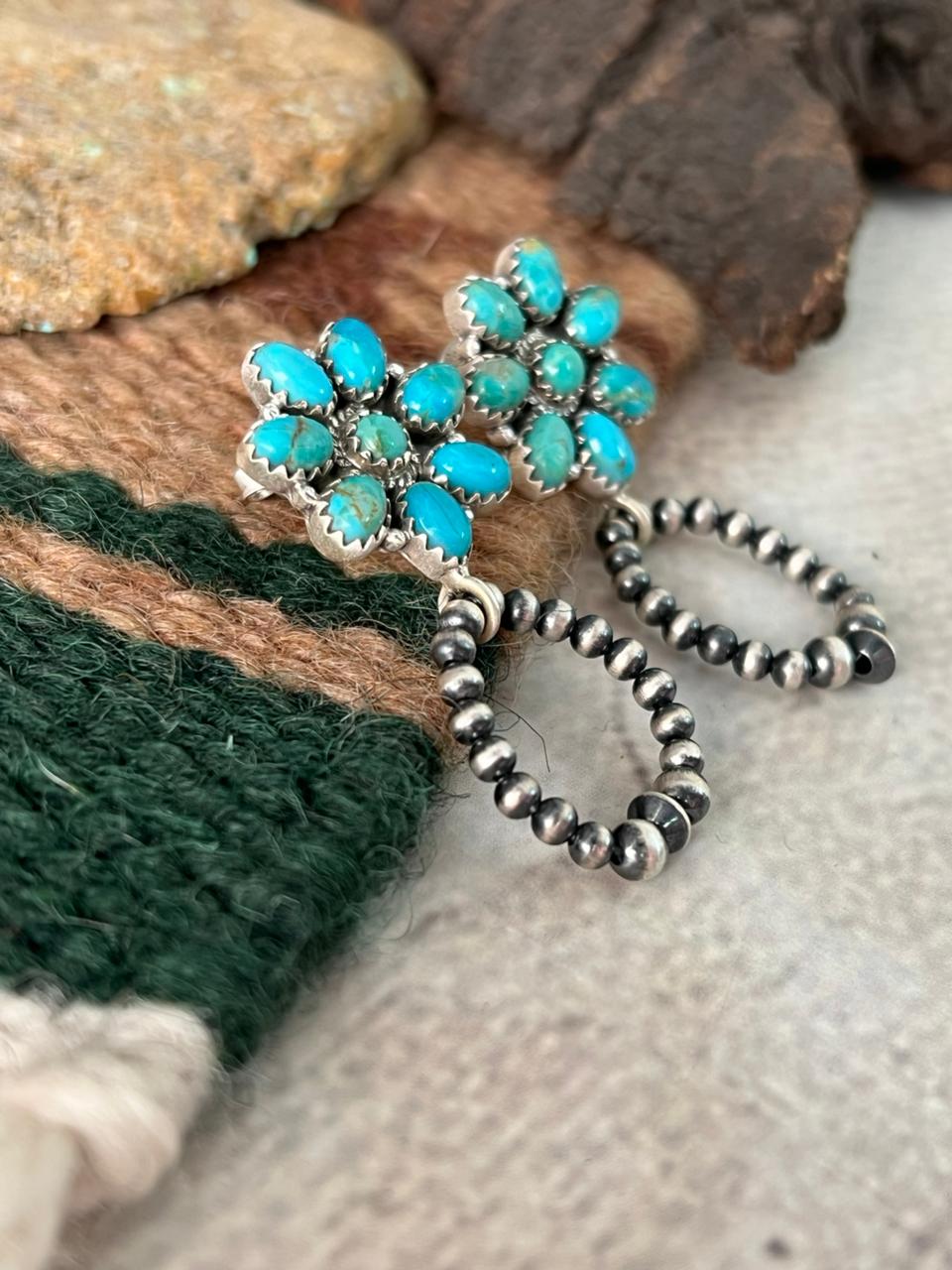Handmade Sterling Silver Kingman Turquoise Post Dangle Beaded Hoop Earrings "Signed Nizhoni"