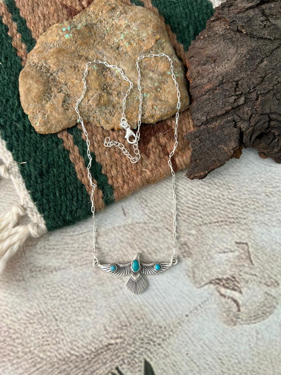 Handmade Sterling Silver Kingman Turquoise Thunderbird Necklace "Signed Nizhoni"