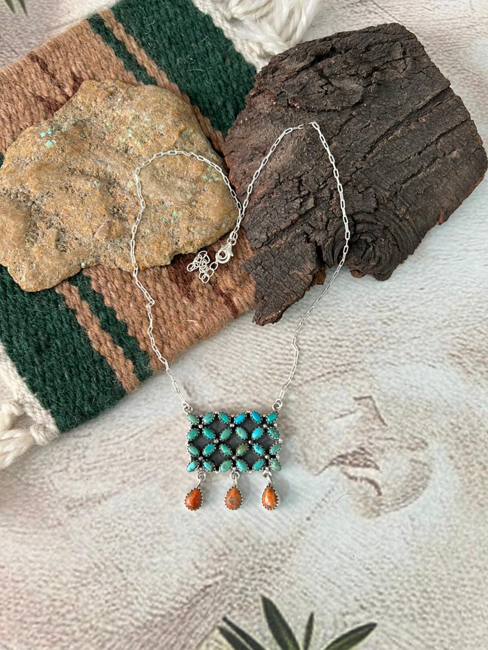 Handmade Sterling Silver Kingman Turquoise with Orange Mojave Necklace "Signed Nizhoni"