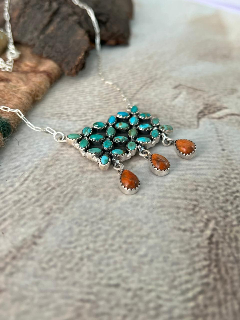 Handmade Sterling Silver Kingman Turquoise with Orange Mojave Necklace "Signed Nizhoni"