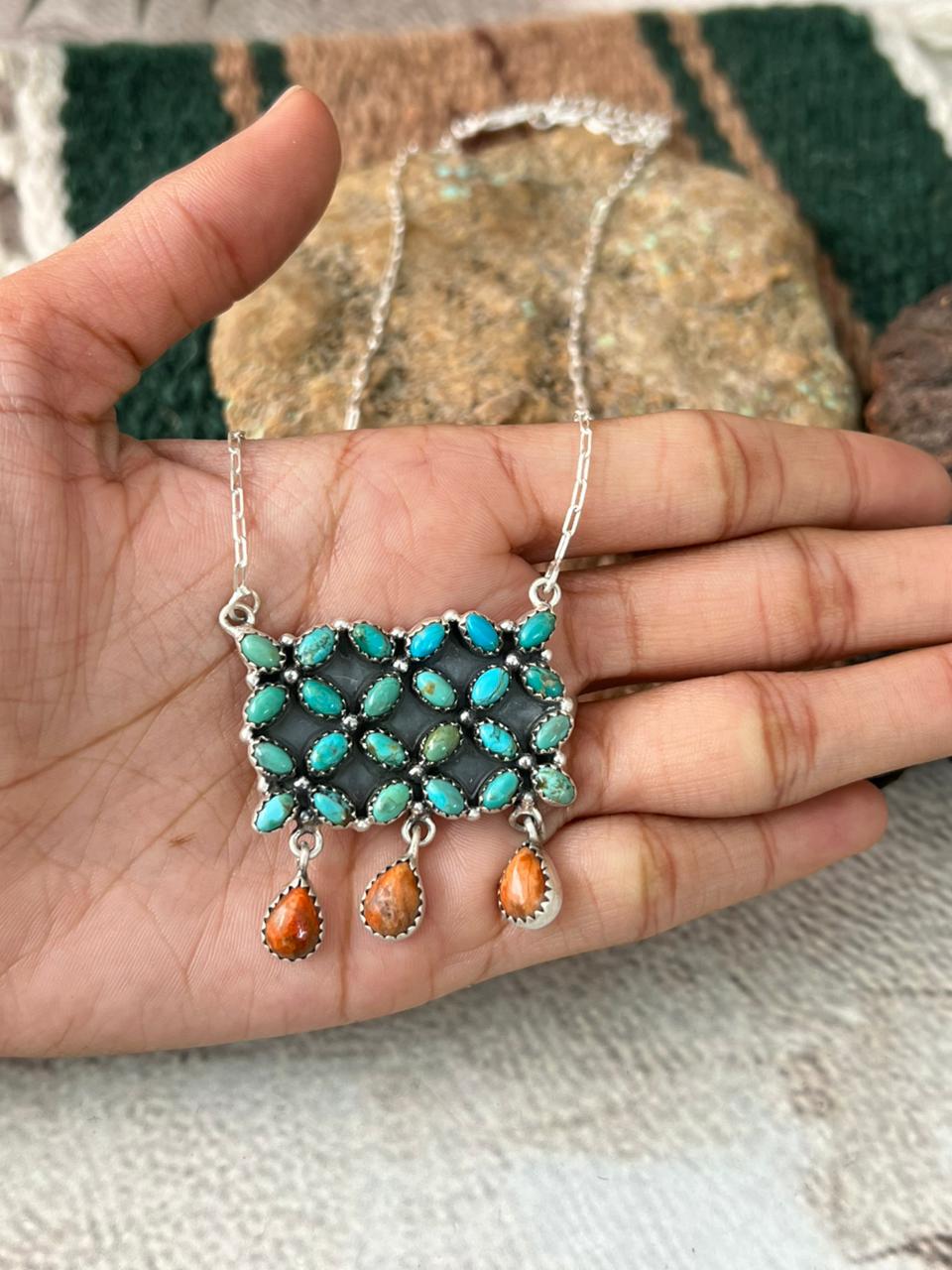 Handmade Sterling Silver Kingman Turquoise with Orange Mojave Necklace "Signed Nizhoni"