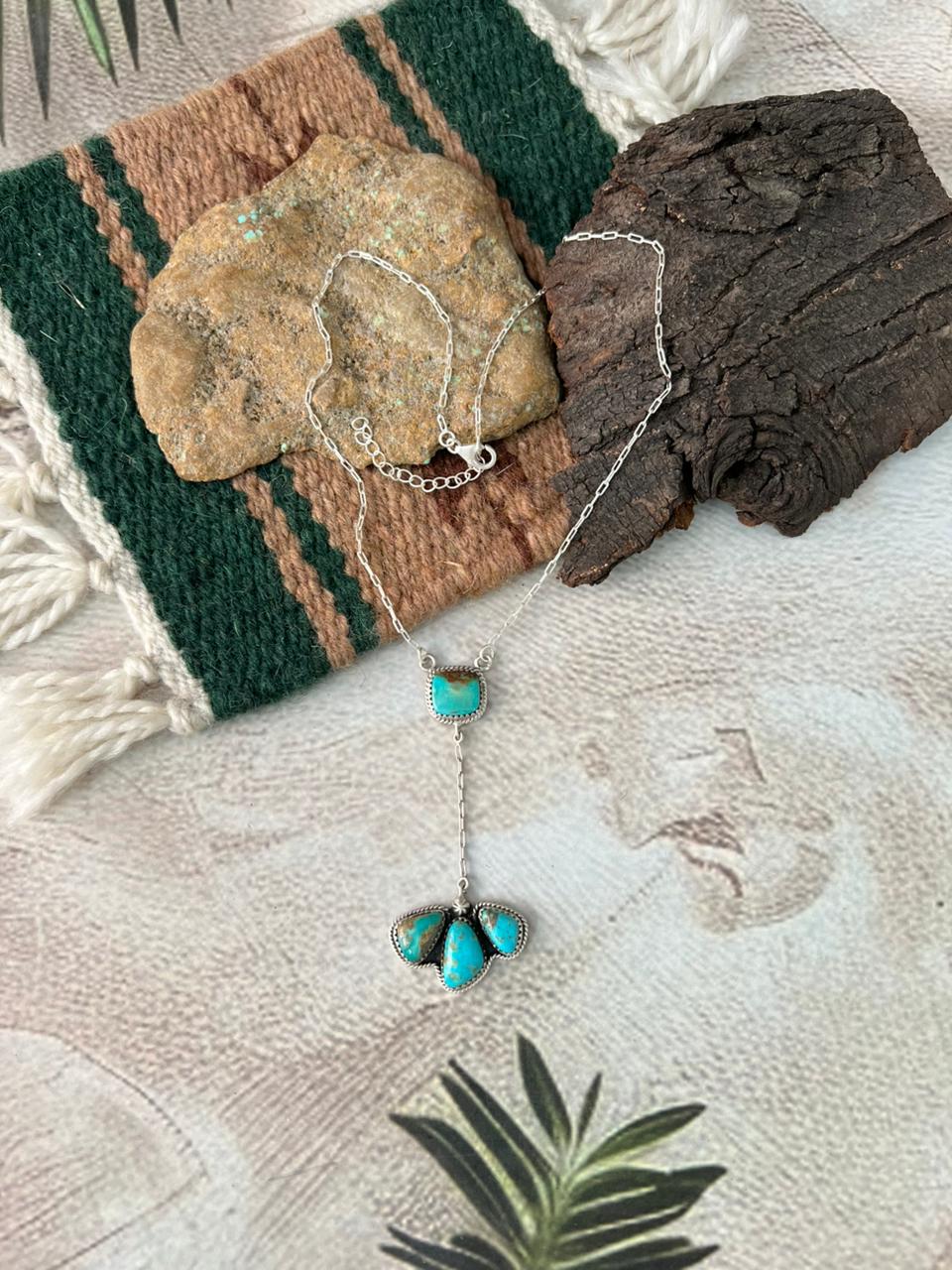 Handmade Sterling Silver Santa Maria Turquoise Lariat Necklace "Signed Nizhoni"