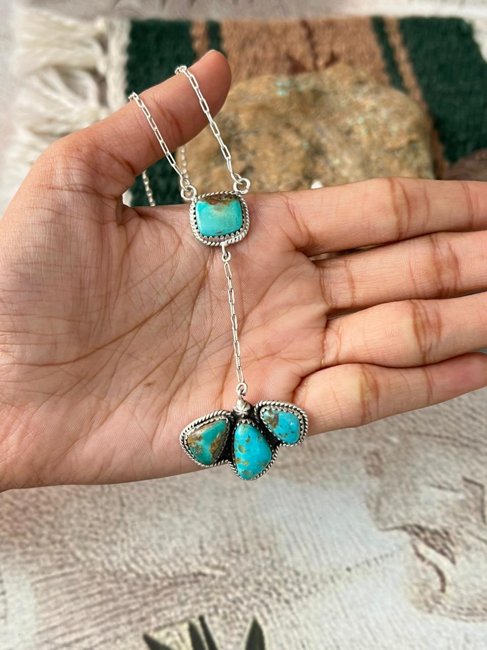 Handmade Sterling Silver Santa Maria Turquoise Lariat Necklace "Signed Nizhoni"
