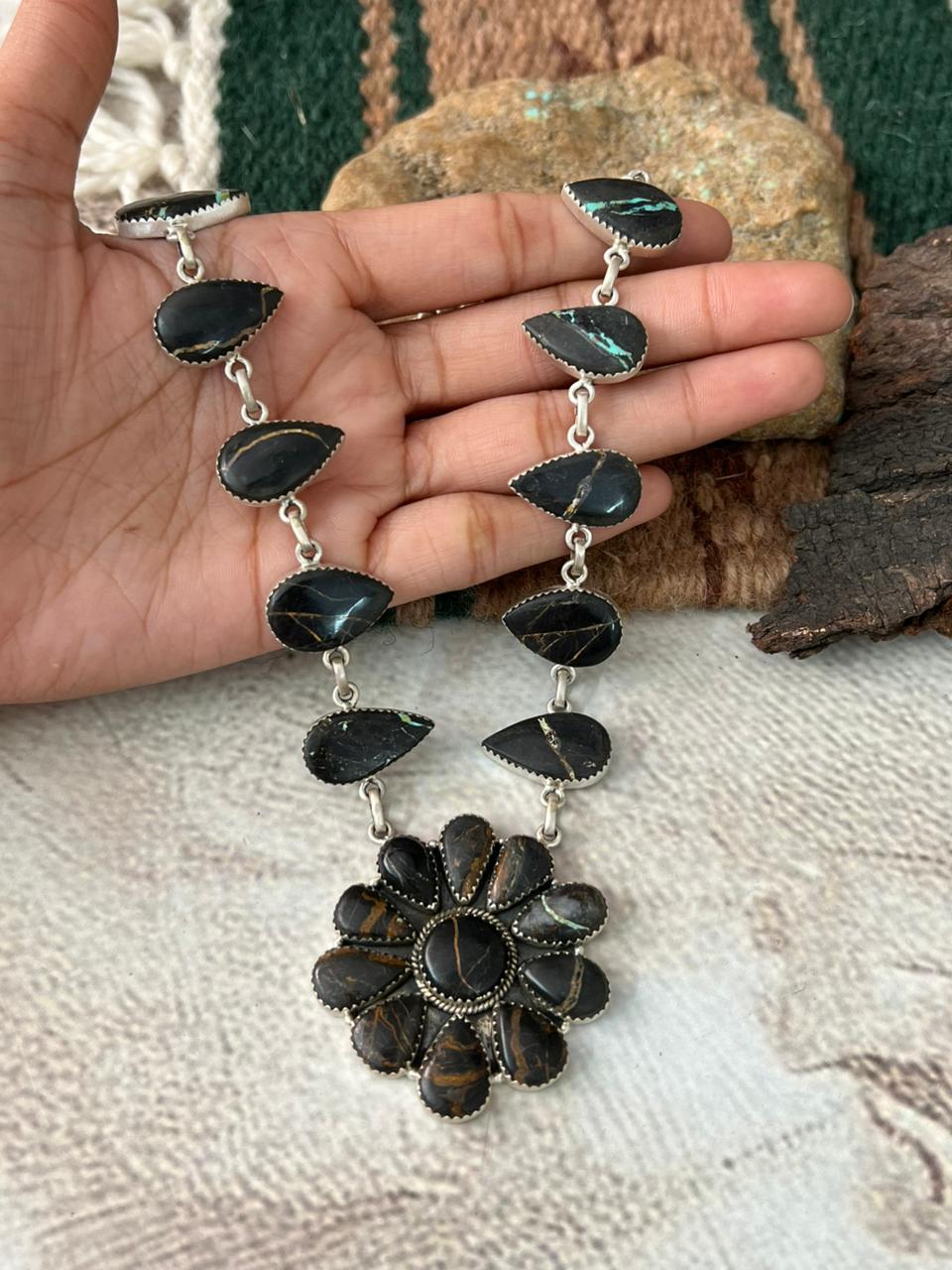 Handmade Sterling Silver Blackjack Turquoise Necklace "Signed Nizhoni"