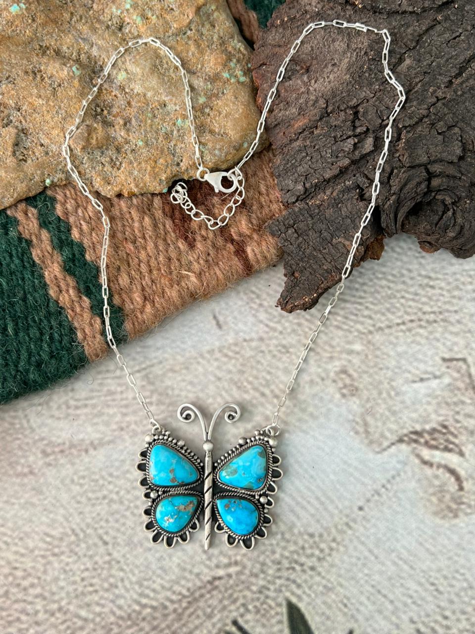 Handmade Sterling Silver White Water Turquoise Butterfly Necklace "Signed Nizhoni"
