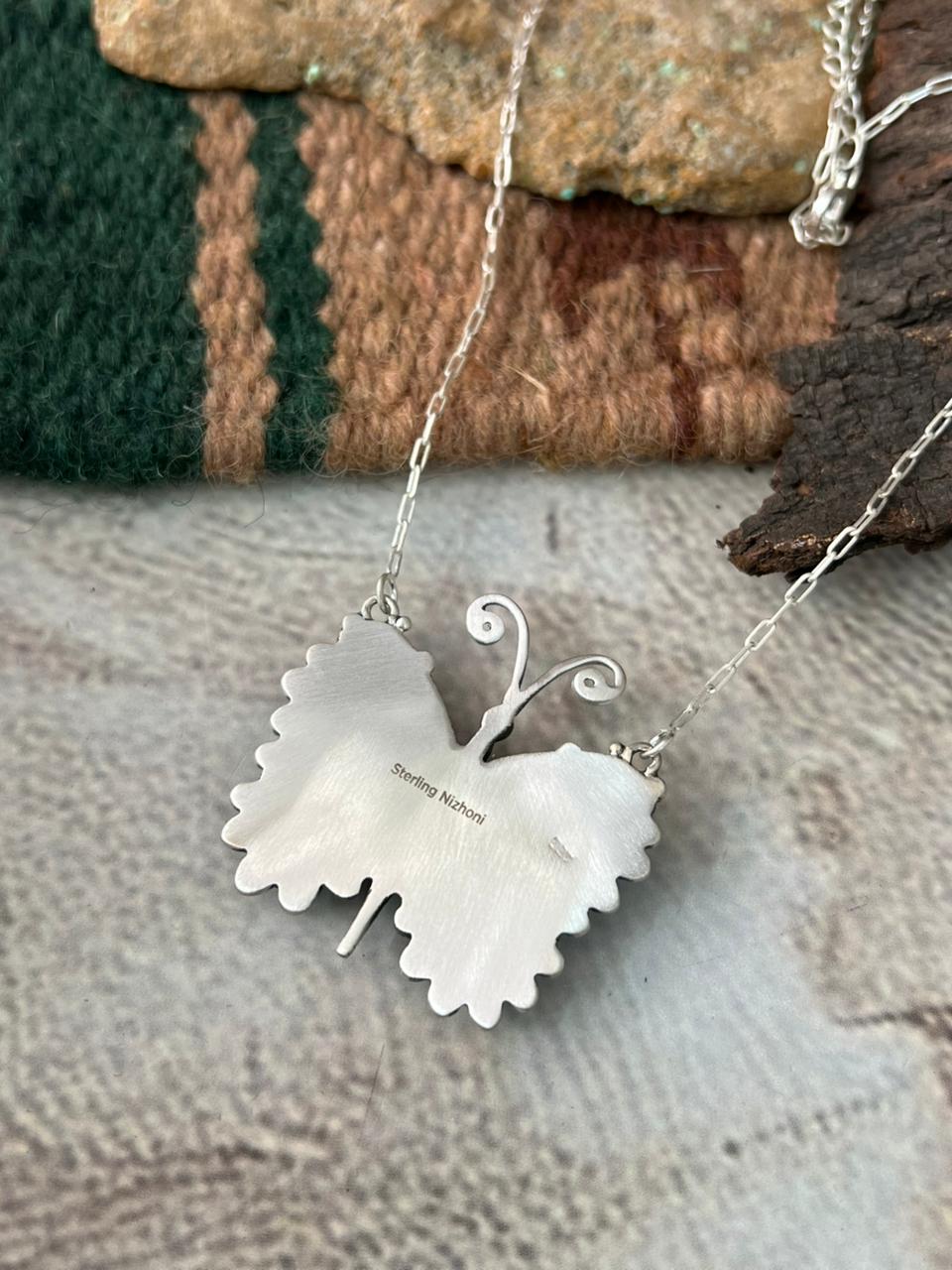 Handmade Sterling Silver White Water Turquoise Butterfly Necklace "Signed Nizhoni"