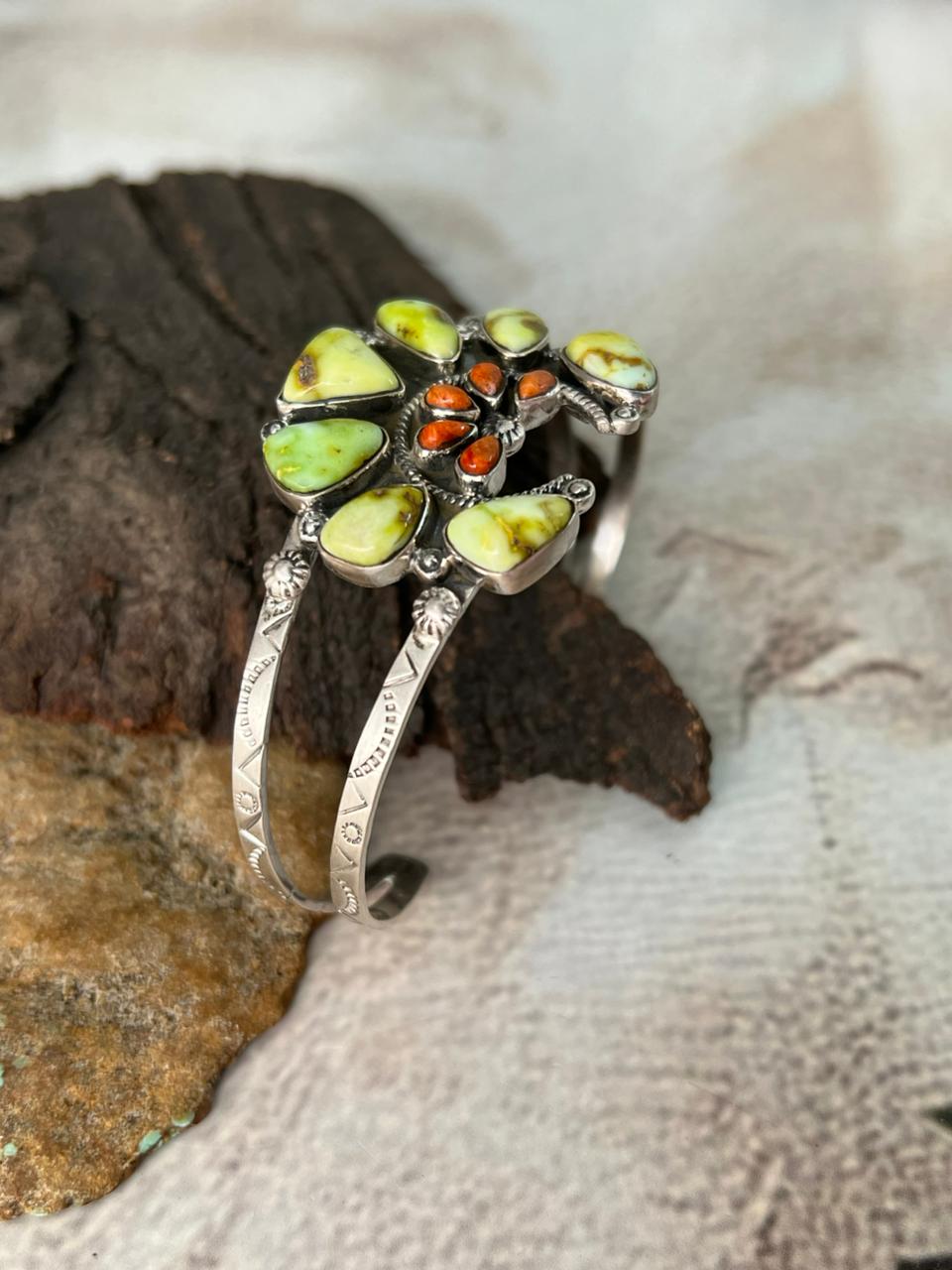 Handmade Sterling Silver Palomino Turquoise with Orange Mojave Cuff Bracelet "Signed Nizhoni"