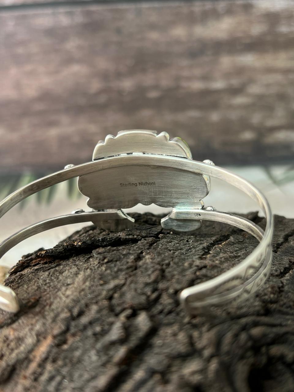 Handmade Sterling Silver Palomino Turquoise with Orange Mojave Cuff Bracelet "Signed Nizhoni"