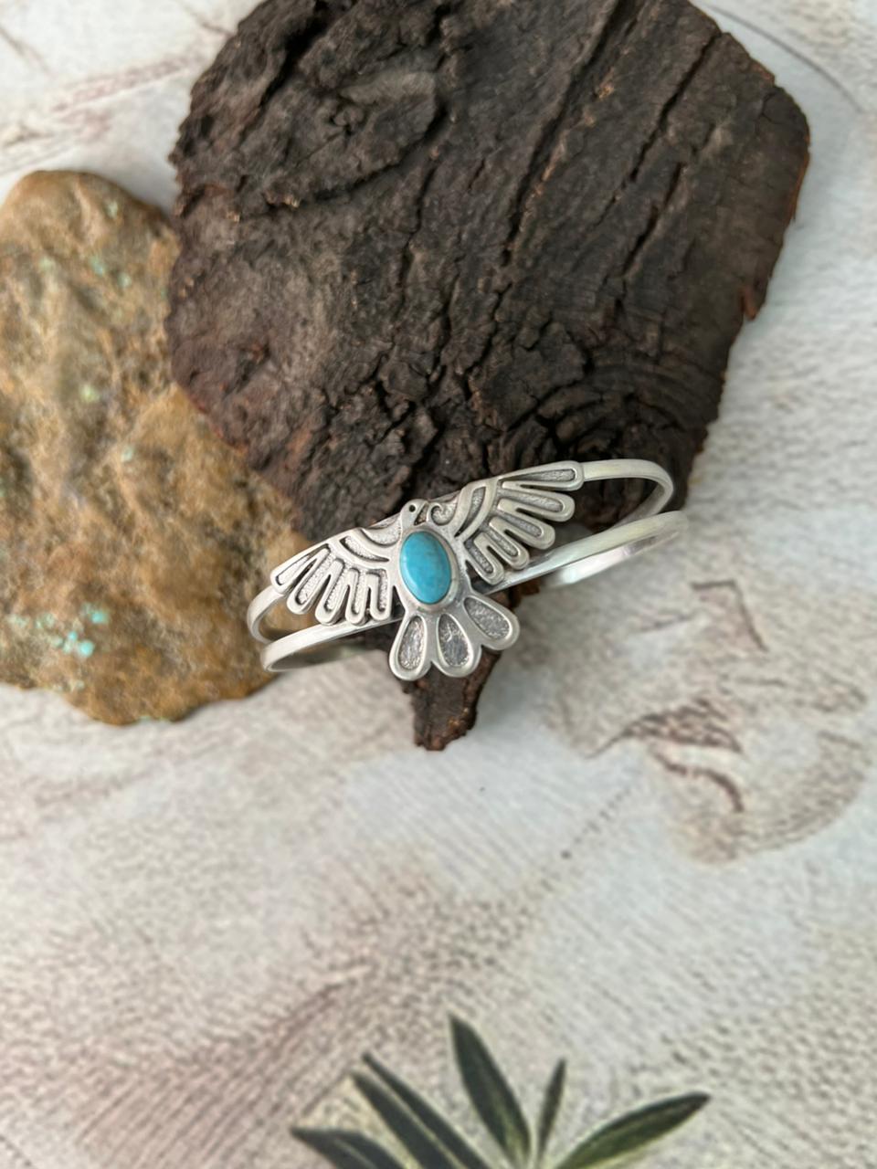 Handmade Sterling Silver Kingman Turquoise Thunderbird Cuff Bracelet "Signed Nizhoni"