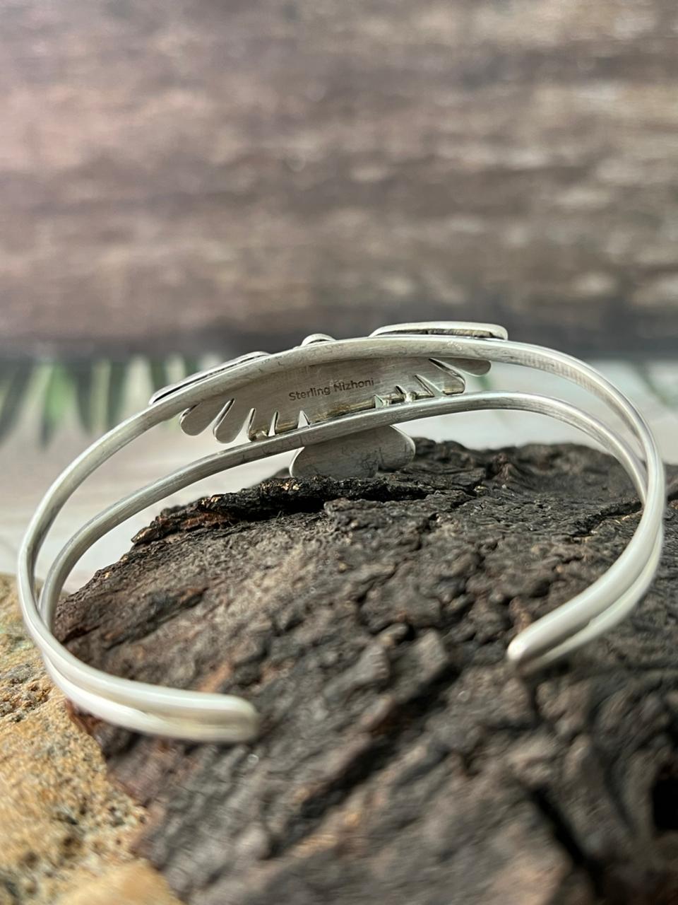 Handmade Sterling Silver Kingman Turquoise Thunderbird Cuff Bracelet "Signed Nizhoni"