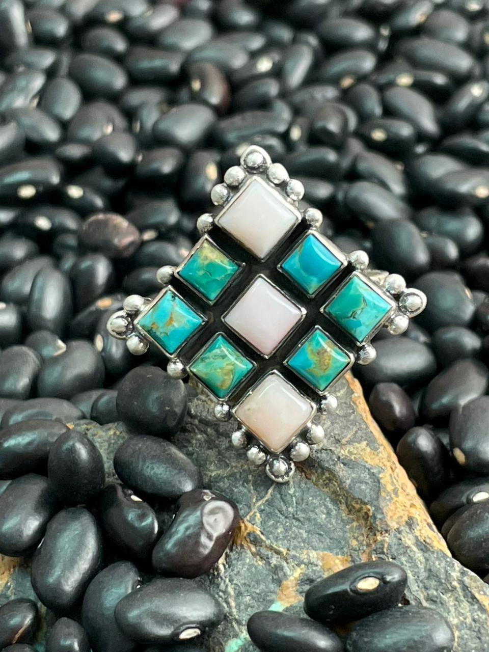Handmade Sterling Silver Kingman Turquoise with Pink Opal Adjustable Ring "Signed Nizhoni"