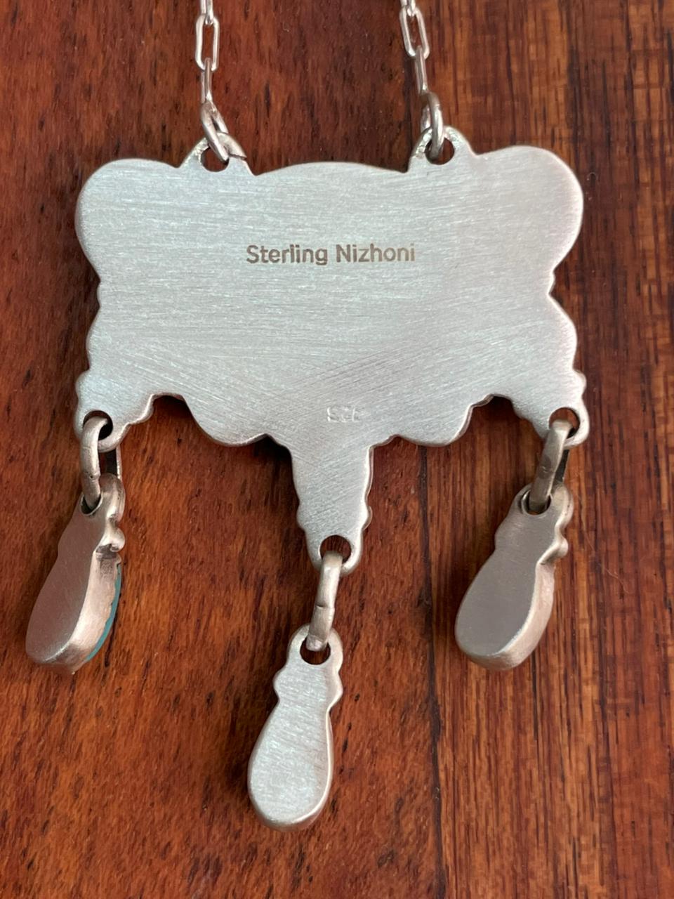 Handmade Sterling Silver Blackjack with Kingman Turquoise Necklace "Signed Nizhoni"
