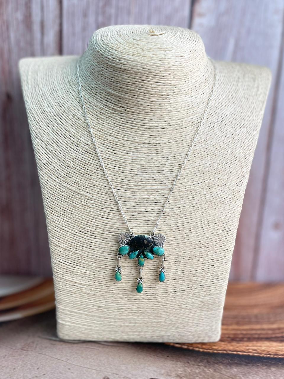 Handmade Sterling Silver Blackjack with Kingman Turquoise Necklace "Signed Nizhoni"