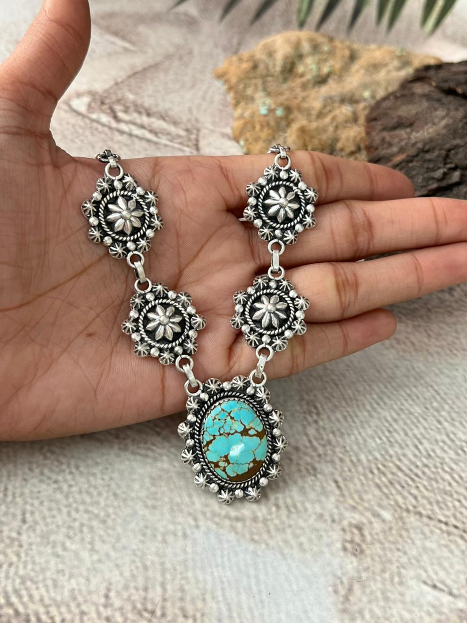 Handmade Sterling Silver Number 8 Turquoise Necklace "Signed Nizhoni"