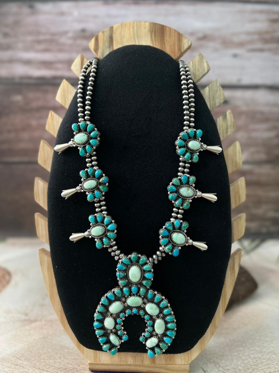 Handmade Sterling Silver Kingman with Paloma Turquoise Beaded Squash Blossom Necklace "Signed Nizhoni"