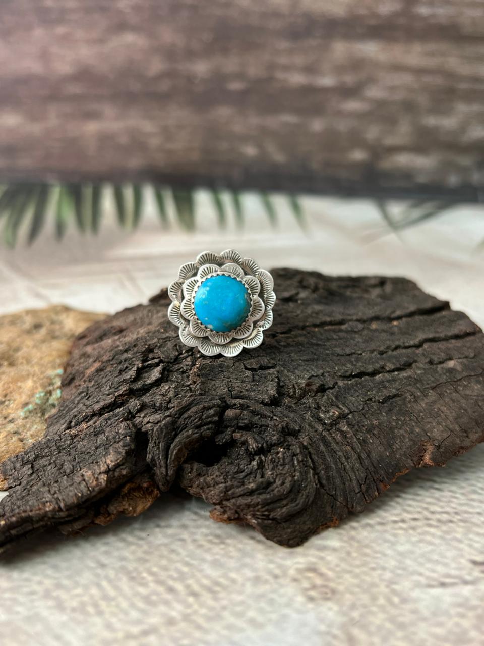 Handmade Sterling Silver Blue Kingman Turquoise Adjustable Ring "Signed Nizhoni"