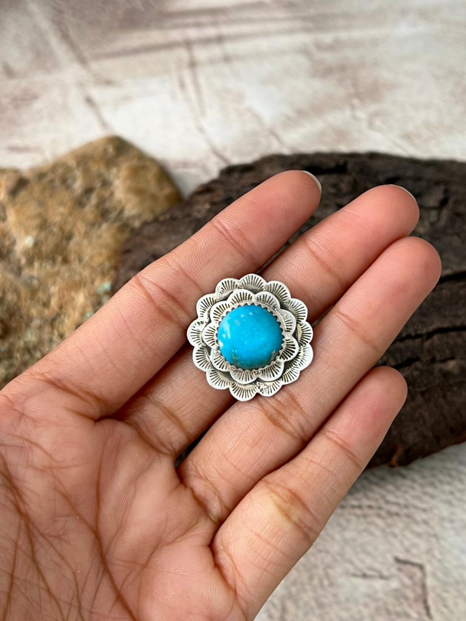 Handmade Sterling Silver Blue Kingman Turquoise Adjustable Ring "Signed Nizhoni"