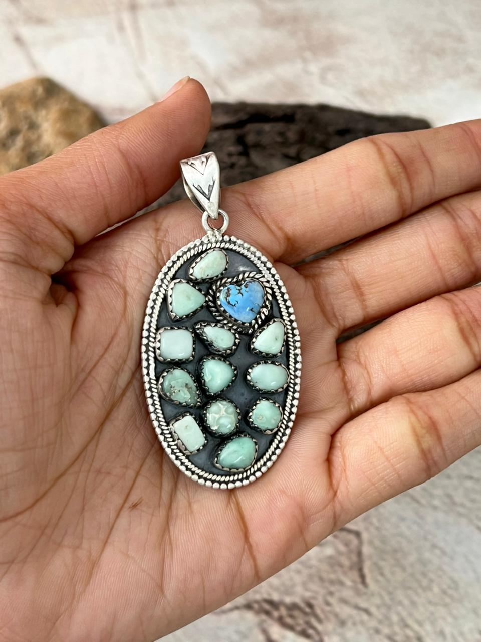 Handmade Sterling Silver Paloma with Golden Hills Turquoise Pendant "Signed Nizhoni"