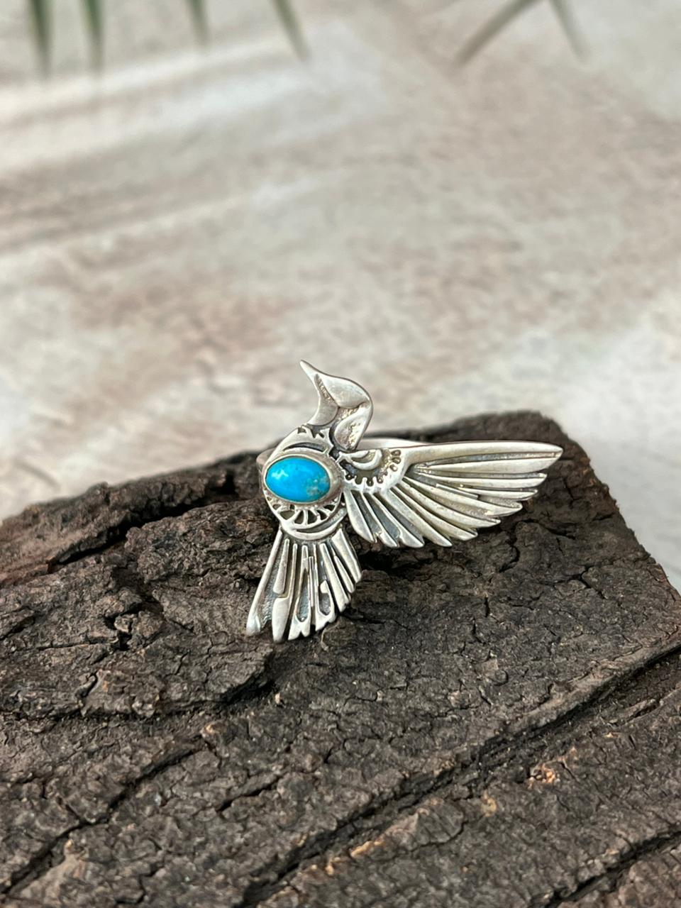 Handmade Sterling Silver Kingman Turquoise Adjustable Ring "Signed Nizhoni"