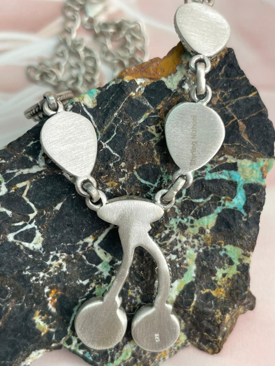 Handmade Sterling Silver Rosarita with Sonoran and Kingman Turquoise Necklace "Signed Nizhoni"