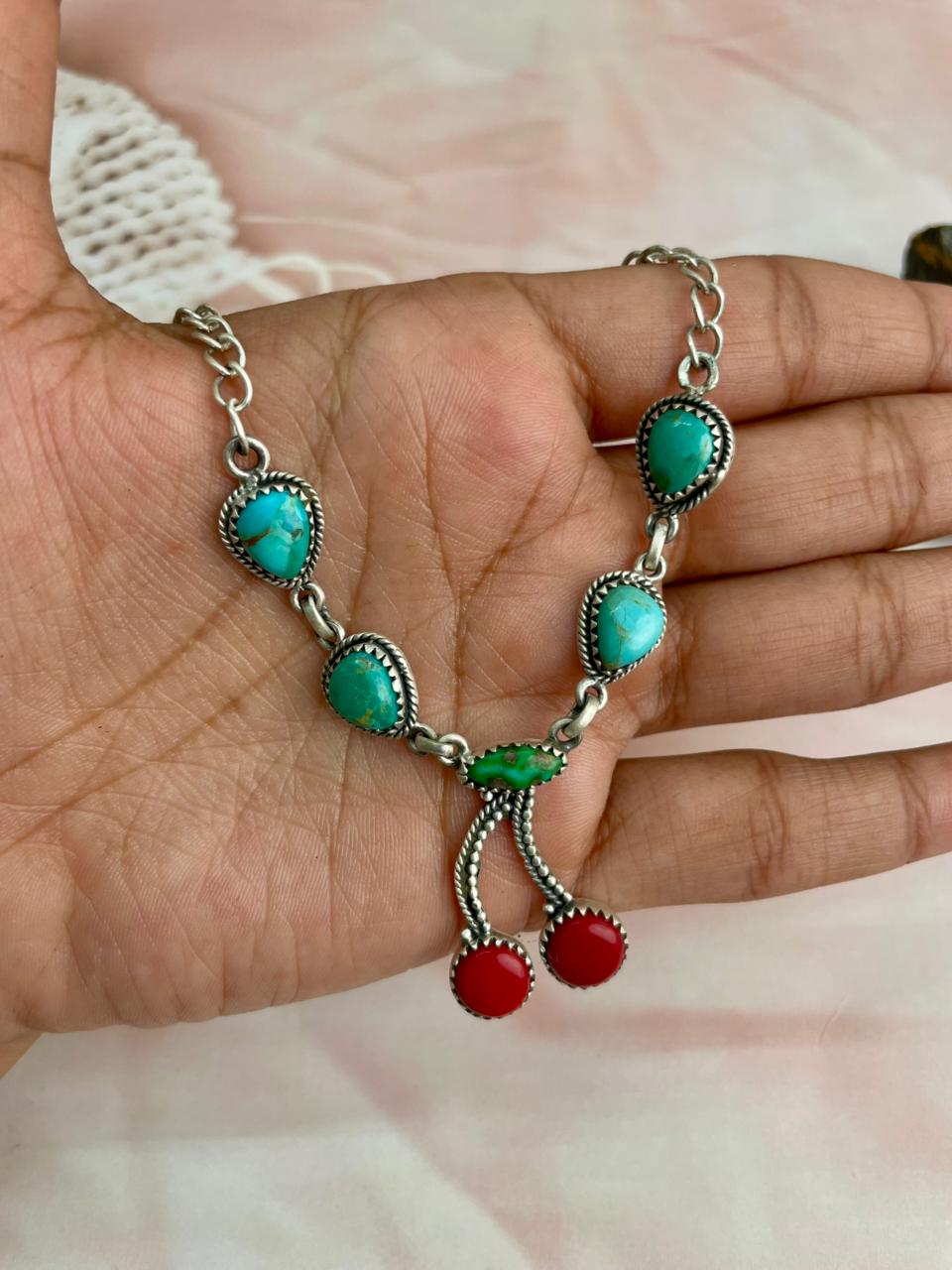 Handmade Sterling Silver Rosarita with Sonoran and Kingman Turquoise Necklace "Signed Nizhoni"