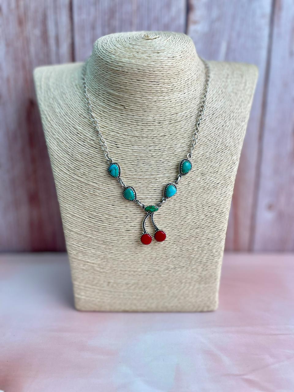 Handmade Sterling Silver Rosarita with Sonoran and Kingman Turquoise Necklace "Signed Nizhoni"
