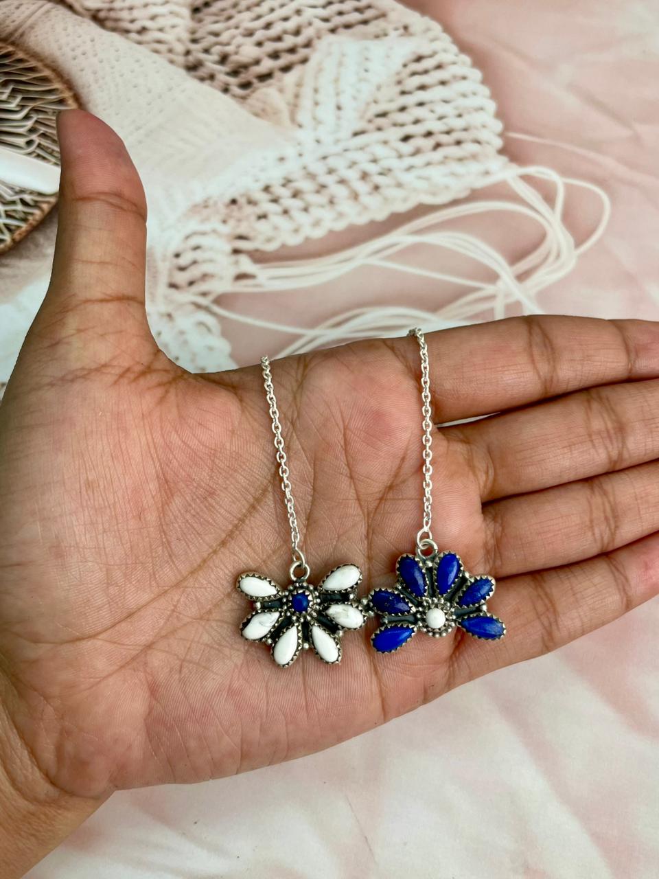 Handmade Sterling Silver Lapis with White Buffalo Necklace "Signed Nizhoni"