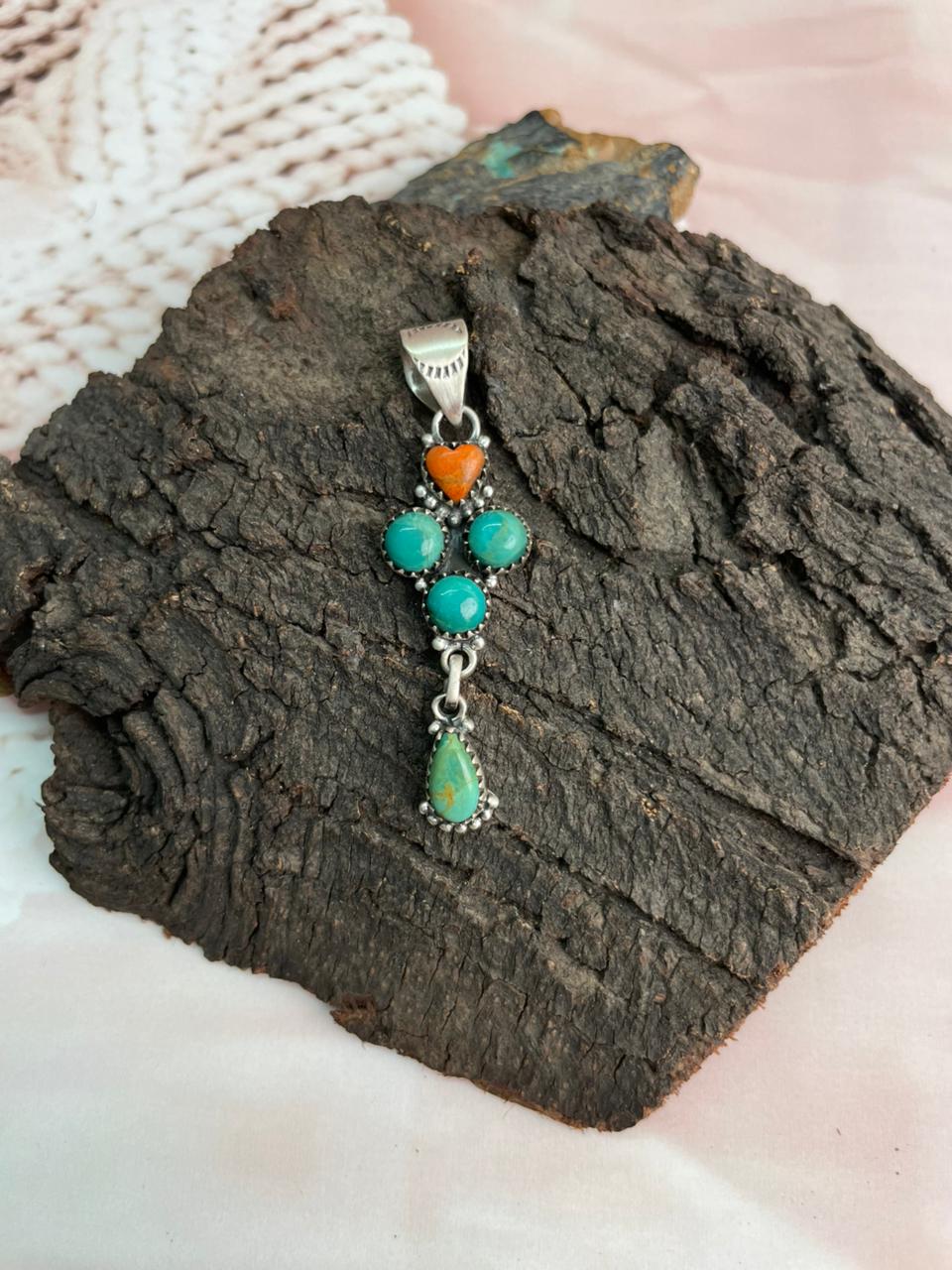 Handmade Sterling Silver Kingaman Turquoise with Orange Mojave Pendant "Signed Nizhoni"