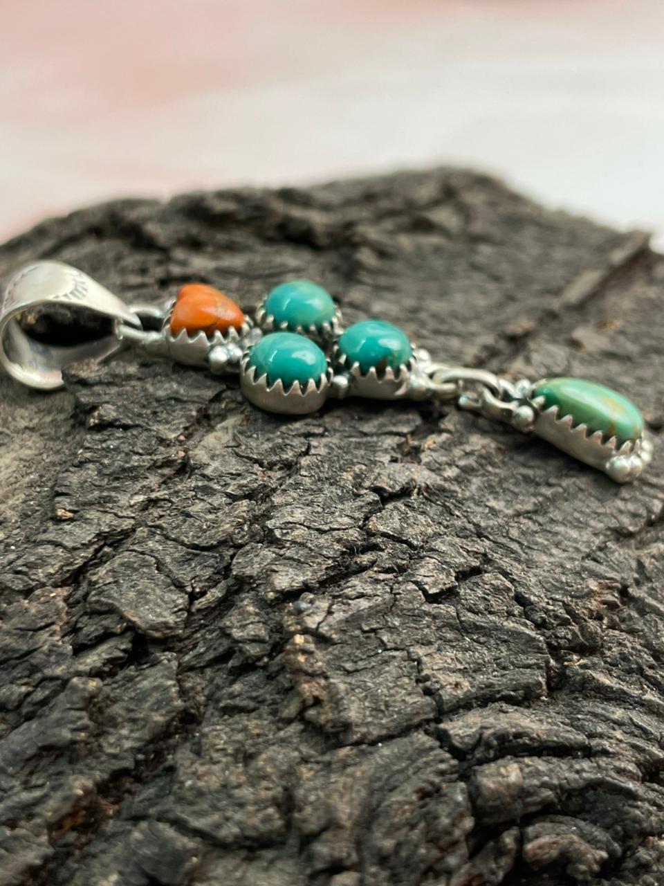 Handmade Sterling Silver Kingaman Turquoise with Orange Mojave Pendant "Signed Nizhoni"