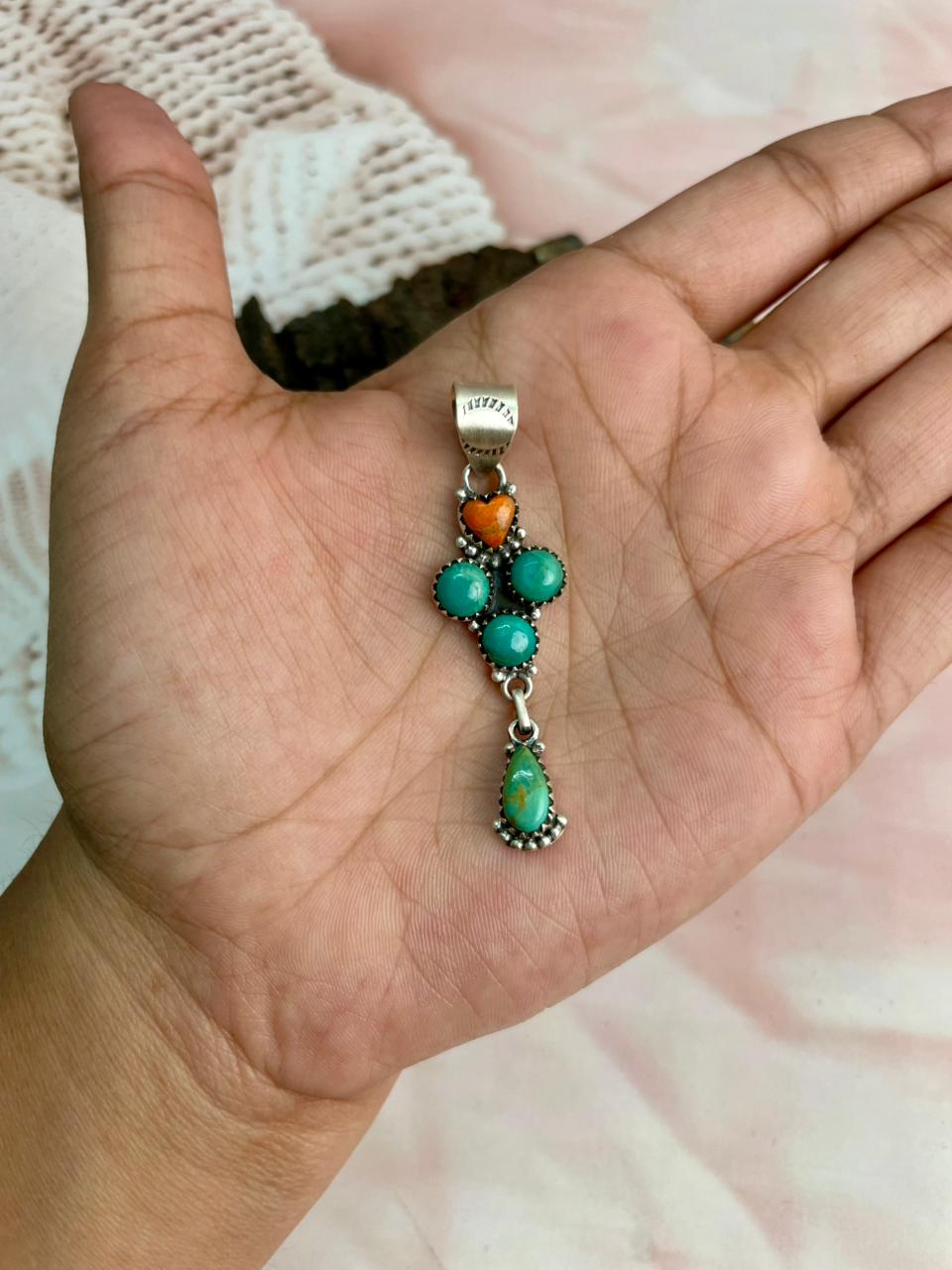 Handmade Sterling Silver Kingaman Turquoise with Orange Mojave Pendant "Signed Nizhoni"